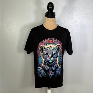 Black jaguar glitter Aztec jungle graphic tee M| trippy psychedelic rave casual